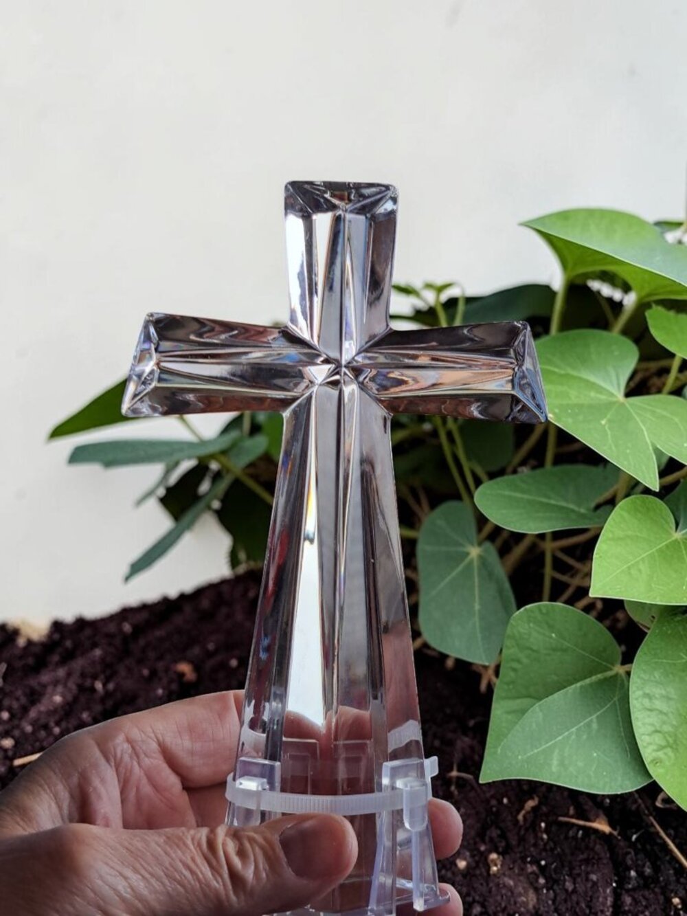 Vtg 24% Lead Crystal Cross Standing Czech Ground Spike Teleflora Memorial Marker